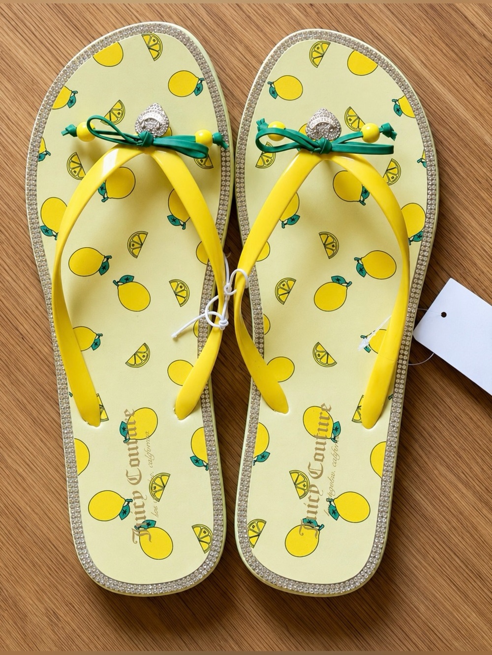 Juicy Couture Yellow Lemon Print Flip Flop Sandals with Green Bow